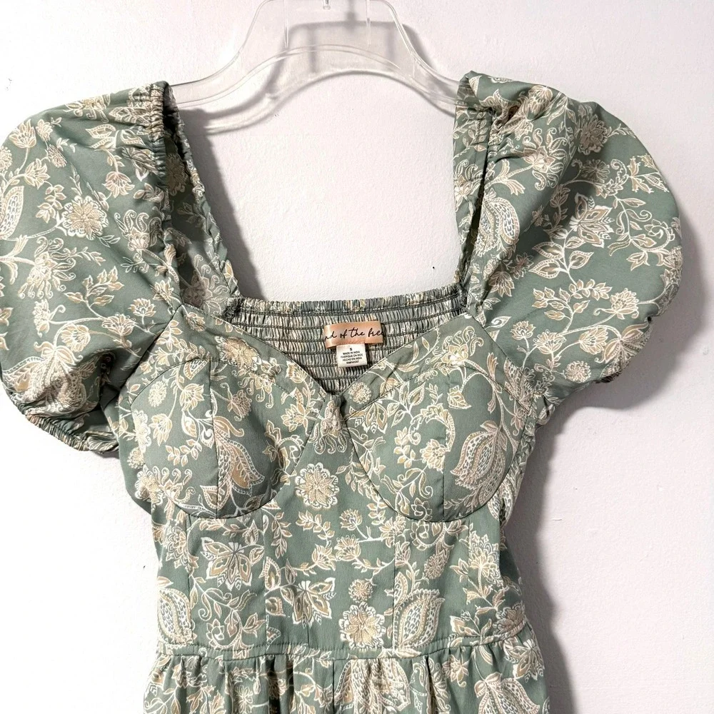 Band of the Free Sage Ivory Floral Puff Sleeve Wide Leg Jumpsuit‎ S